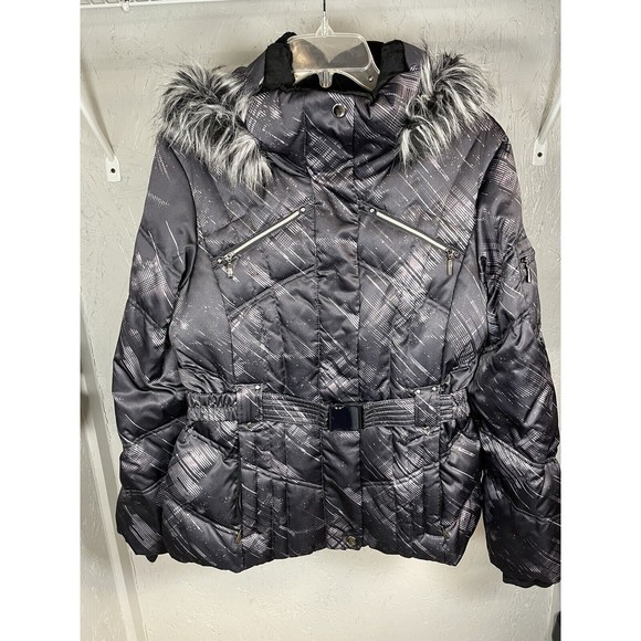 A.N.A. Woman’s Coat Purple And Black Medium, Hood Snaps Off, Belted  Pre-Owned - Picture 1 of 5
